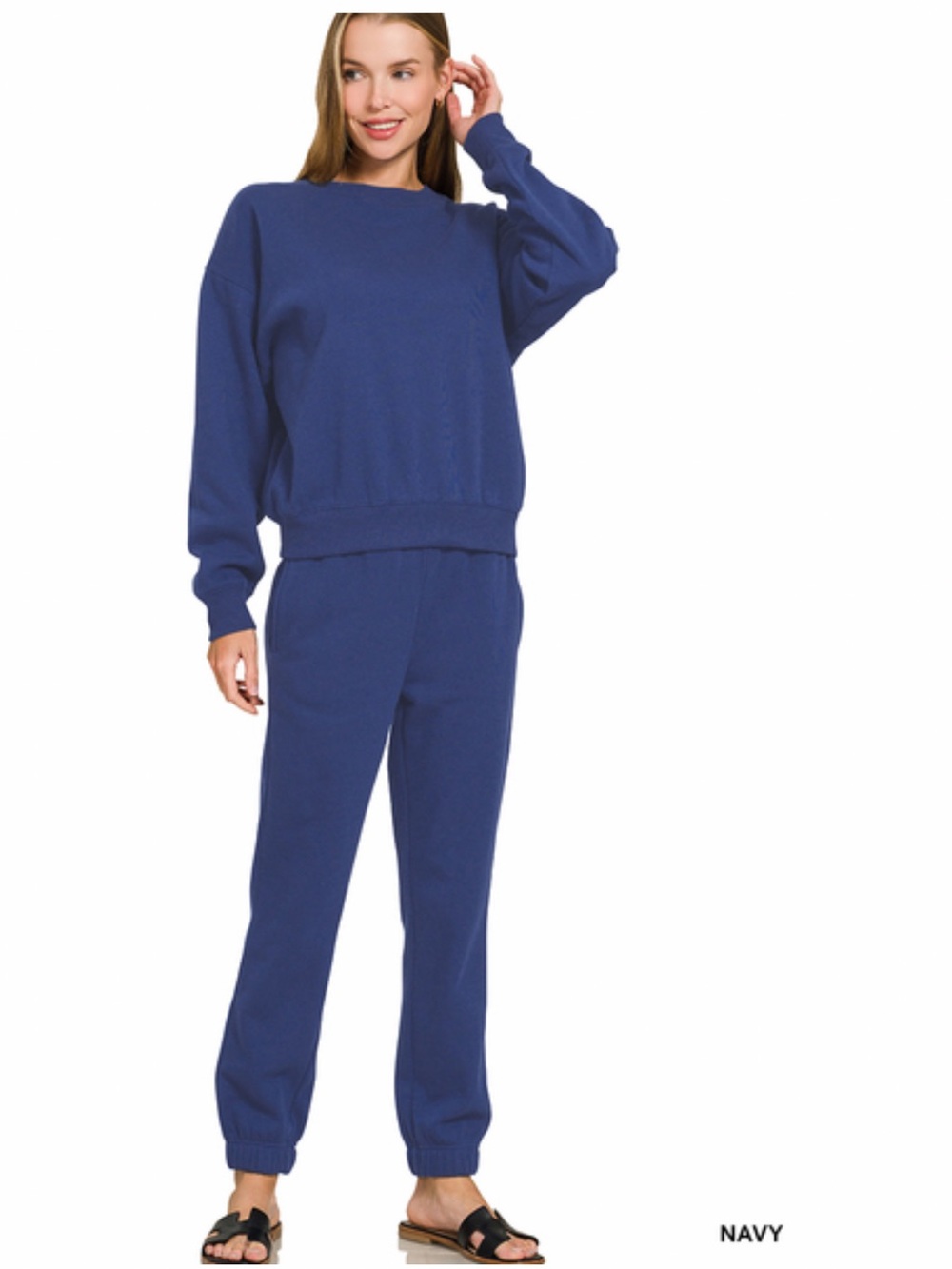 Navy ZENANA FLEECE LONG SLEEVE
PULLOVER & JOGGER SET